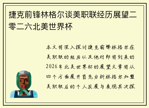 捷克前锋林格尔谈美职联经历展望二零二六北美世界杯
